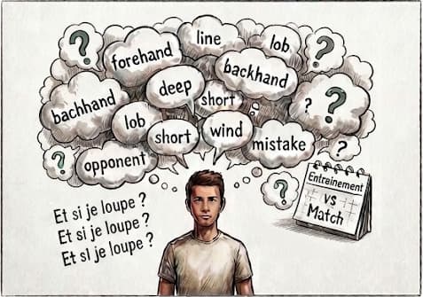 Un joueur entouré de pensées pendant un match de tennis