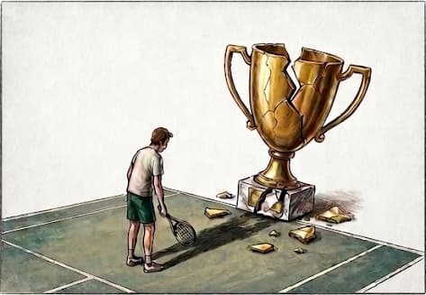 Un joueur face à un trophée brisé sur un court de tennis